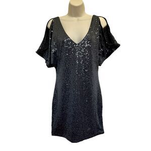 Arden B Sequined Batwing Deep V Lined Mini Dress Club Cocktails Gray Sz S NWT